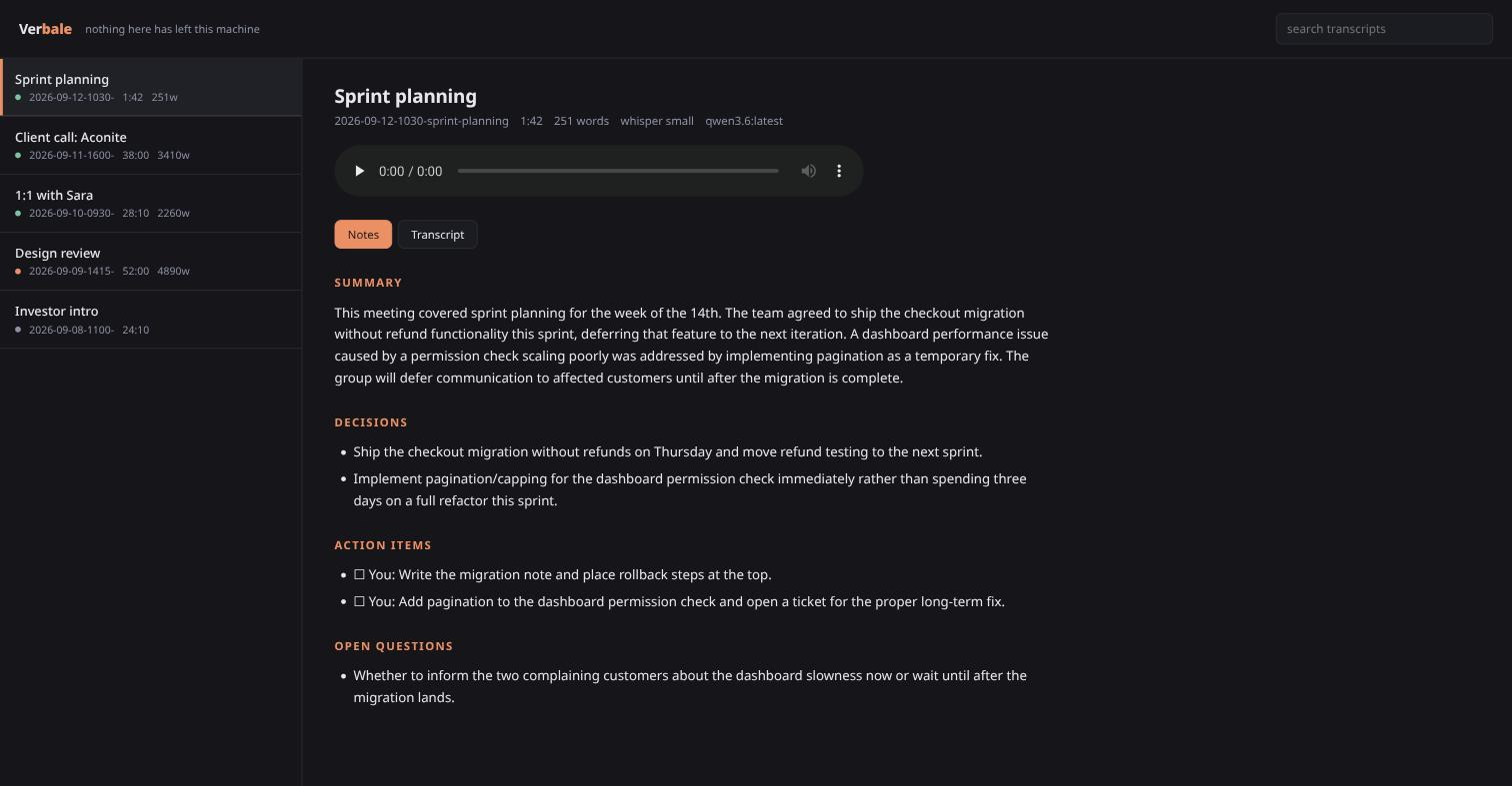 Verbale's local viewer showing a summary with decisions and action items